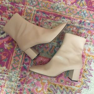 H&M Nude Almond Toe Leather Block Heel Boots